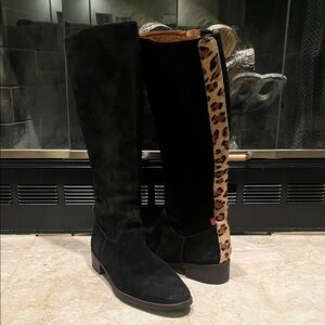 Marc Joseph Black Heeled Boots with Leopard Accent
